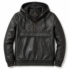 Flashback Black Hooded Cow Leather Pullover Motorcycle <b>Jacket</b> Windproof Genuine Leather Knitted Zipper Closure Spread Collar - Product Image 1