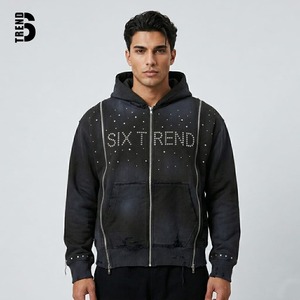 Sweat à capuche personnalisé Y2K avec strass pour homme, multi-zips, délavé à l'acide, streetwear, épais 400 g/m², effet vieilli, vintage, 100 % coton - Product Image 1