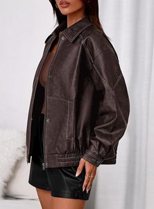 Women's Black PU Leather Bomber Jacket With <b>Zipper</b> Closure Turn Down Collar Full Sleeve Autumn Style - Product Image 2