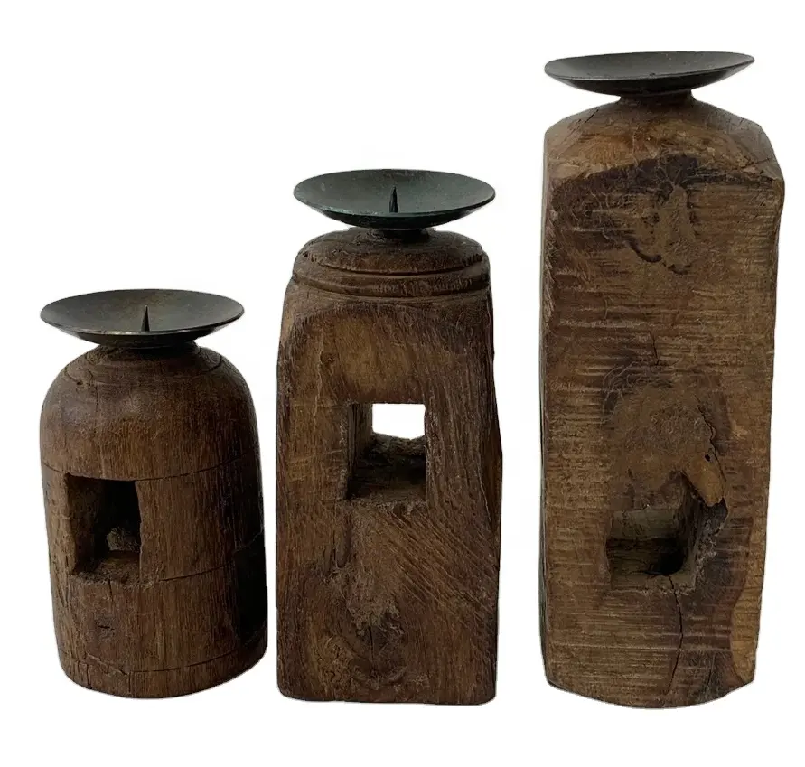 Juego de candelabros de madera torneados a mano, venta al por mayor o rústica, 3 unidades