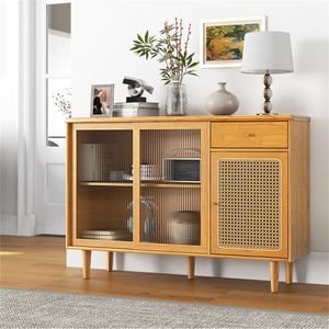 Credenza in Teak e Bambù per Soggiorno con Ante Scorrevoli in Rattan, Cassetto Estraibile e Base in Legno di Gomma - Product Image 3