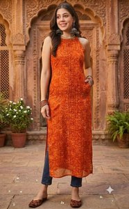 Women’s Printed Rayon Cotton Sleeveless <b>Kurti</b> – Casual <b>Indian</b> Ethnic Wear - Product Image 1