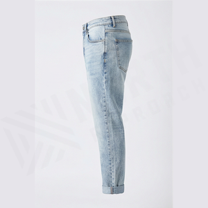 Jean en denim délavé coupe droite pour homme, coupe slim, taille mi-haute, en coton, décontracté, bleu clair, style printemps - Product Image 3