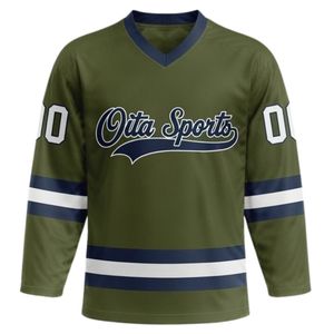 Conjunto de Camiseta y Pantalones Cortos de Hockey sobre Hielo Sublimados en Verde Oliva y Blanco para Hombre, Cuello en V, Rayas, Poliéster, Uniforme Deportivo, Ropa de Entrenamiento - Product Image 3