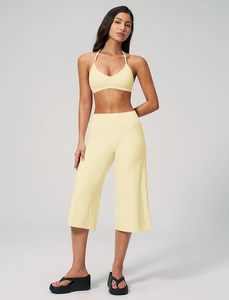 Cream 2 Piece Yoga Set Deep V Neck <b>Halter</b> Crop <b>Top</b> High Waist Wide Leg Calf-Length Pants Breathable Spandex Nylon Seamless - Product Image 3