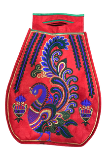 <b>Red</b> Embroidered Peacock Tote Bag Handmade Silk Shoulder <b>Purse</b> Folk Art Gift for Women From Gujarat In-Stock - Product Image 1