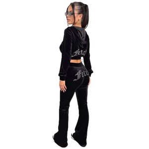 Custom Logo <b>Crop</b> <b>Top</b> 2 Piece Custom Rhinestone Logo Velvet Cropped Hoody Y2k Women's Sweatpants and Hoodie Set - Product Image 2