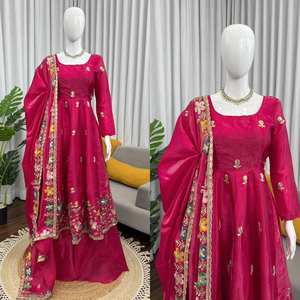 Traje ANARKALI PLAZZO DUPATTA con bordado de hilo de seda GMY pesado y lentejuelas, estilo vintage, largo hasta el suelo, de secado rápido, ideal para fiestas. - Product Image 6