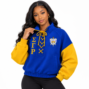 Sudadera de cuello alto con cordones y bordado de la hermandad griega Sigma Gamma Rho para mujer, estilo color block, venta al por mayor - Product Image 1