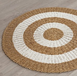 Handwoven <b>Round</b> Seagrass Rug Braided Bohemian Area <b>Carpet</b> with Black and Beige Target Circle Design for Living Room, Home Use - Product Image 5
