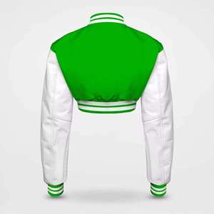 <b>Womens</b> <b>Black</b> White Gray Varsity Bomber <b>Jacket</b> Stand Collar Silk Screen Logo Embroidered Sleeves Snap Button Genuine Leather - Product Image 2