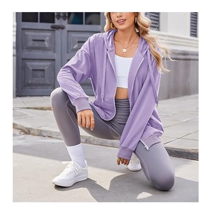 Sudadera con Capucha para Mujer, 100% Algodón, Manga Larga, Cuello Redondo, Hombros Caídos, Color Sólido, Cómoda, Casual, con Cierre, al Mejor Precio - Product Image 3