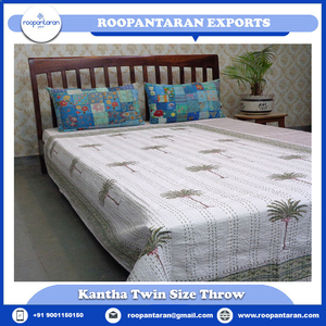 Handmade Cotton Kantha Twin Quilt <b>Throw</b> 150x220 cm Hand Block Printed Hand Embroidered Indian Bedspread Boho Home Textile Export - Product Image 2