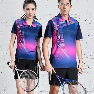 Tenue de tennis unisexe bleue à imprimé géométrique - Maillot de tennis à manches courtes en polyester pour l'été, vêtement de sport pour adulte, coupe classique - Product Image 2