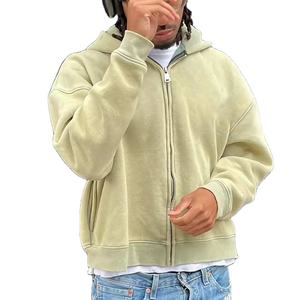 Sudaderas con capucha con cremallera lavadas vintage recortadas con logotipo personalizado algodón polar desgastado de gran tamaño boxy suelto hombro caído tamaño cómodo - Product Image 1