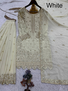 Cousu Sharara Gharara indien broderie travail traditionnel ethnique 3 pièces ensemble Georgette soie hiver été mariage Diwali - Product Image 4