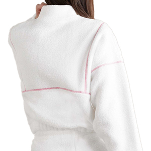 Women White Fleece Tracksuit With Pink Trim Quarter-Zip <b>Hoodie</b> And Side Pockets Casual Winter Wear Full Length Loose Fit - Product Image 4