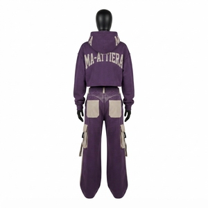 Custom <b>Women</b> <b>Purple</b> Cropped Hoodie Cargo Jogger Set Cotton Fleece Streetwear <b>Tracksuit</b> OEM Wholesale - Product Image 3