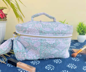 Handcrafted Quilted Tote <b>Vanity</b> Bag for Women Fabric Travel Cosmetic Pouch with Cotton Handle Block Printed <b>Makeup</b> Organizer - Product Image 2