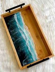 Handcrafted Acacia Wood & Blue Ocean Resin Serving Tray with Matte Black Metal Handles Large Wooden Ocean Wave Resin Art Serving - Product Image 1