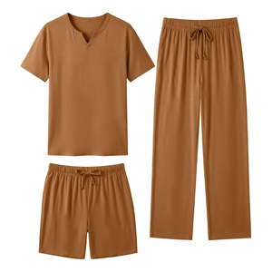 Conjunto de camiseta y pantalones cortos casuales de verano para hombre, cuello en V, color sólido, tejido de algodón y spandex, transpirable. - Product Image 1