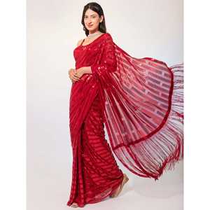 Magnifique Saree rouge à sequins en georgette avec chemisier - Product Image 6