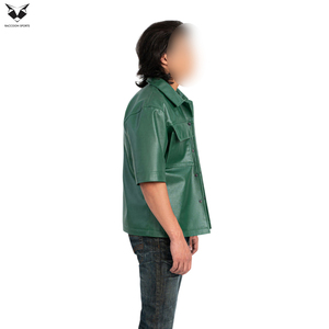 Deep Green <b>Half</b>-Sleeve Stand Collar Breathable Lightweight Comfortable Men's Pu Leather <b>Shirts</b> New Arrival Trendy Outerwear - Product Image 3