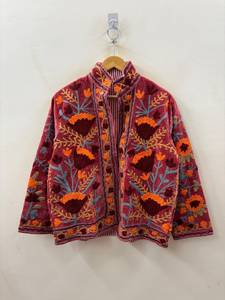 Vintage Dust Red <b>Velvet</b> Suzani Embroidered Jacket <b>Women</b> Open Front Mandarin Collar Short <b>Coat</b> Reversible Boho Winter Outerwear - Product Image 2