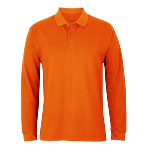 Men Long Sleeve <b>Polo</b> <b>Shirt</b> Cotton Pique Solid <b>Orange</b> Casual Button Down Regular Fit Knitted Fabric Anti Shrink - Product Image 1