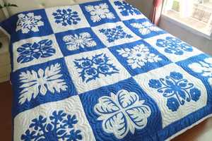 Royal Hawaiian Hand Applique Quilt Block Coastal Blue White Heirloom Bedding Custom <b>Queen</b> California King Tropical Bedroom Decor - Product Image 6