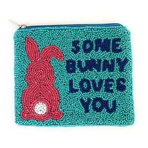 Handmade Some Bunny Loves You Beaded Pouch <b>Cute</b> Rabbit Design Zipper Coin <b>Purse</b> Wallet Trendy Easter Theme Vintage Style Unisex - Product Image 1