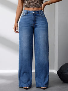 High Waist Wide Leg Denim Pants Full Length Loose Fit Casual Style Stonewashed Blue <b>Jeans</b> With <b>Button</b> <b>Fly</b> - Product Image 1