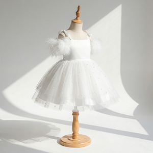 Vestido de Princesa con Tutú de Plumas Blancas, Vestido Largo de Fiesta de Cumpleaños para Niña, con Lentejuelas, para Actuaciones, Venta al Por Mayor, Nuevo - Product Image 1