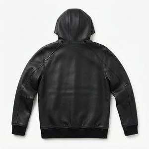 Veste à capuche en cuir noir pour homme, fermeture éclair, style décontracté, vêtements d'automne - Product Image 2