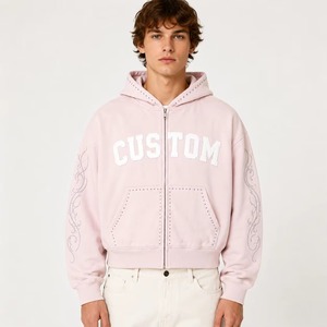 Sweat à capuche zippé personnalisé pour homme, rose, en coton French Terry, coupe oversize, avec broderie vieillie, strass et délavage vintage - Product Image 5