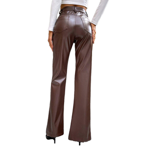 Pantalon en cuir véritable pour femme, grande taille, taille mi-haute, respirant, extensible, effet ventre plat, sexy, style motard, en similicuir - Product Image 3