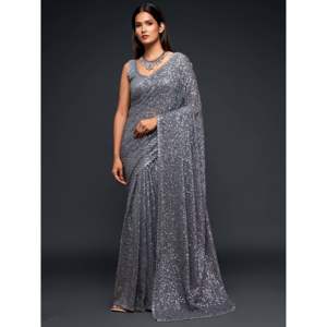 Increíble gris pizarra con lentejuelas Georgette Party Wear Saree - Product Image 1