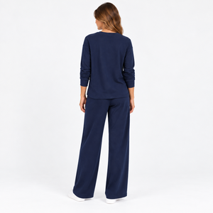 Women's Navy Ribbed <b>Lounge</b> <b>Set</b> Long Sleeve Crew Neck Top Wide Leg Drawstring Pants Casual <b>Two</b> <b>Piece</b> Outfit Wholesale OEM Apparel - Product Image 6