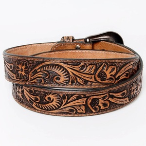 Custom Made Floral Engraved Top Grain Western Leather Hand <b>Tooling</b> <b>Belt</b> for Unisex Designer Copper Plated Brass Buckle - Product Image 1