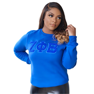 Sweat-shirt en chenille bleu Zeta Phi Beta pour femmes, broderie monochrome avec lettres grecques, pull décontracté - Product Image 1