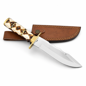 Couteau Bowie Rambo en acier Damas fait main de qualité supérieure, avec garde en laiton, manche en bois et cor, et fourreau en cuir, pour l'extérieur - Product Image 3