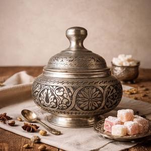 Elegante Azucarera Blanca con Diseño Floral y Tapa con Borde de Cobre, Tarro de Dulces con Pedestal Estilo Vintage, Almacenamiento para Cocina y Hogar, Regalos Festivos - Product Image 4