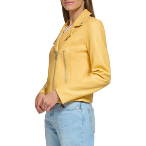 Veste de moto en cuir PU jaune pour femmes, manches longues, col rabattu, fermeture éclair, manteau court - Product Image 3