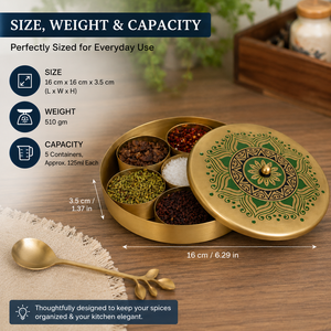 Brass Masala <b>Box</b> with 5 Compartments & Spoon Handmade Indian Spice Storage Container Kitchen Organizer for <b>Herbs</b>, Seasonings - Product Image 5