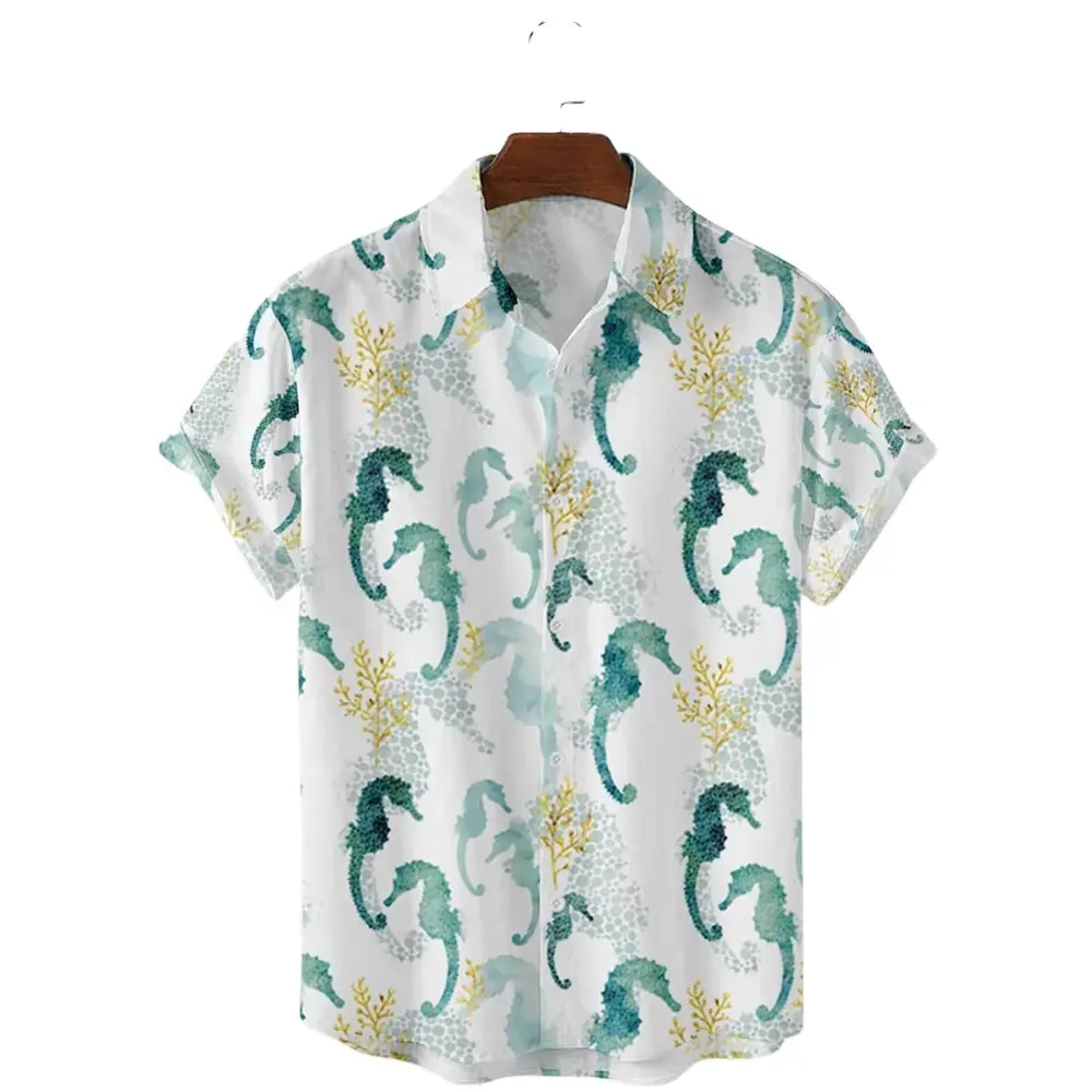공장 공급 꽃 비치 착용 셔츠 세트 남성 오션 하와이 셔츠 해마 요소 인쇄 셔츠