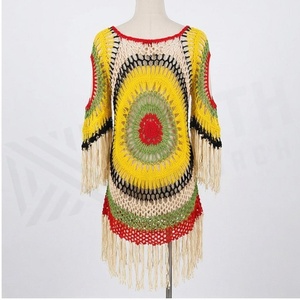 Women's Crocheted Boho Tassel Dress Round Neck Geometric <b>Pattern</b> Hollow Out Handmade Beachwear 100% Acrylic - Product Image 2