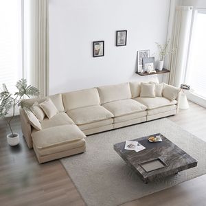Divano Componibile a U Modulare 5 Posti Convertibile per Soggiorno con 1 Pouf in Ciniglia Beige - Product Image 1