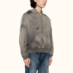 Sudadera con Capucha Corta y Ancha de Alta Calidad al por Mayor, Estilo Retro Desgastado, con Cierre, Forro Polar, 100% Algodón Ecológico para Hombre - Product Image 2