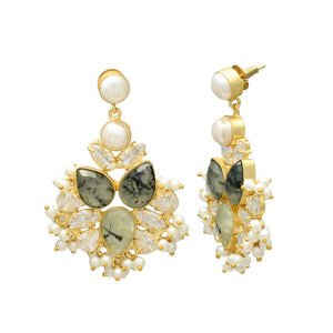 Boucles d'oreilles 3 couches pour femme en laiton plaqué or 24 carats, ornées de préhnite, zircone cubique et perles d'eau douce, magnifiques et imposantes, pour mariage - Product Image 2