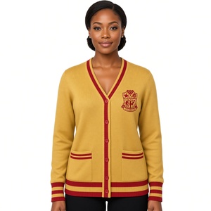 PDK <b>Women</b> Casual Knitted <b>Cardigan</b> <b>with</b> V Neckline Embroidered Chest Emblem Front Patch <b>Pockets</b> and Striped Ribbed Trims - Product Image 1